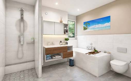 Badezimmer mit Wanne und bodengleicher Dusche – Visualisierung